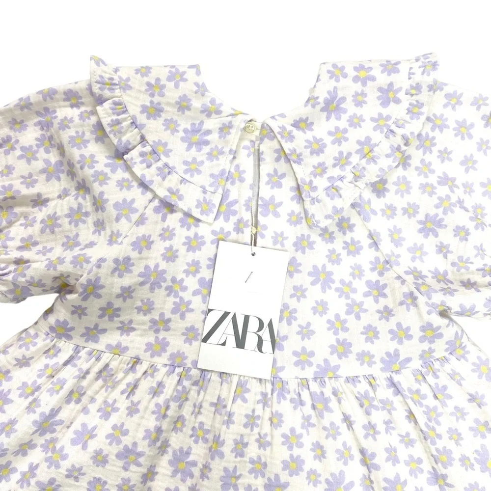 ZARA Floral Daisy Print Dress in White with Purple 2-3 Years New with Tags